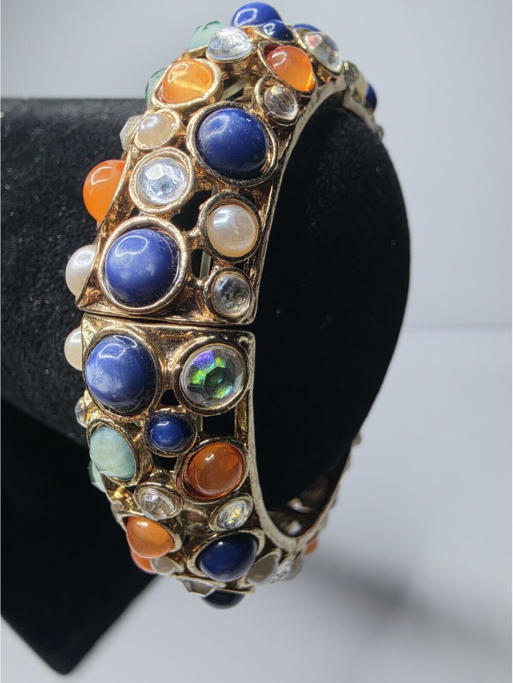 Fall Colors Maize, Yellow, Blue & Orange Cabochons Stretch BRACELET Goldtone